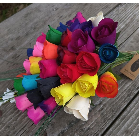 32 Assorted Half Open Bud Wooden Rose Bouquet. The Original Wooden Rose - Picture 8 of 9